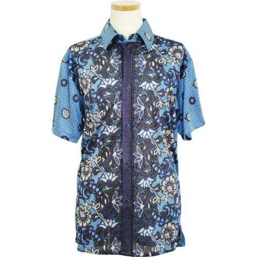 Pronti Sky Blue With Violet / Royal Blue / White Silver Lurex Flower Design Microfiber Shirt S5867